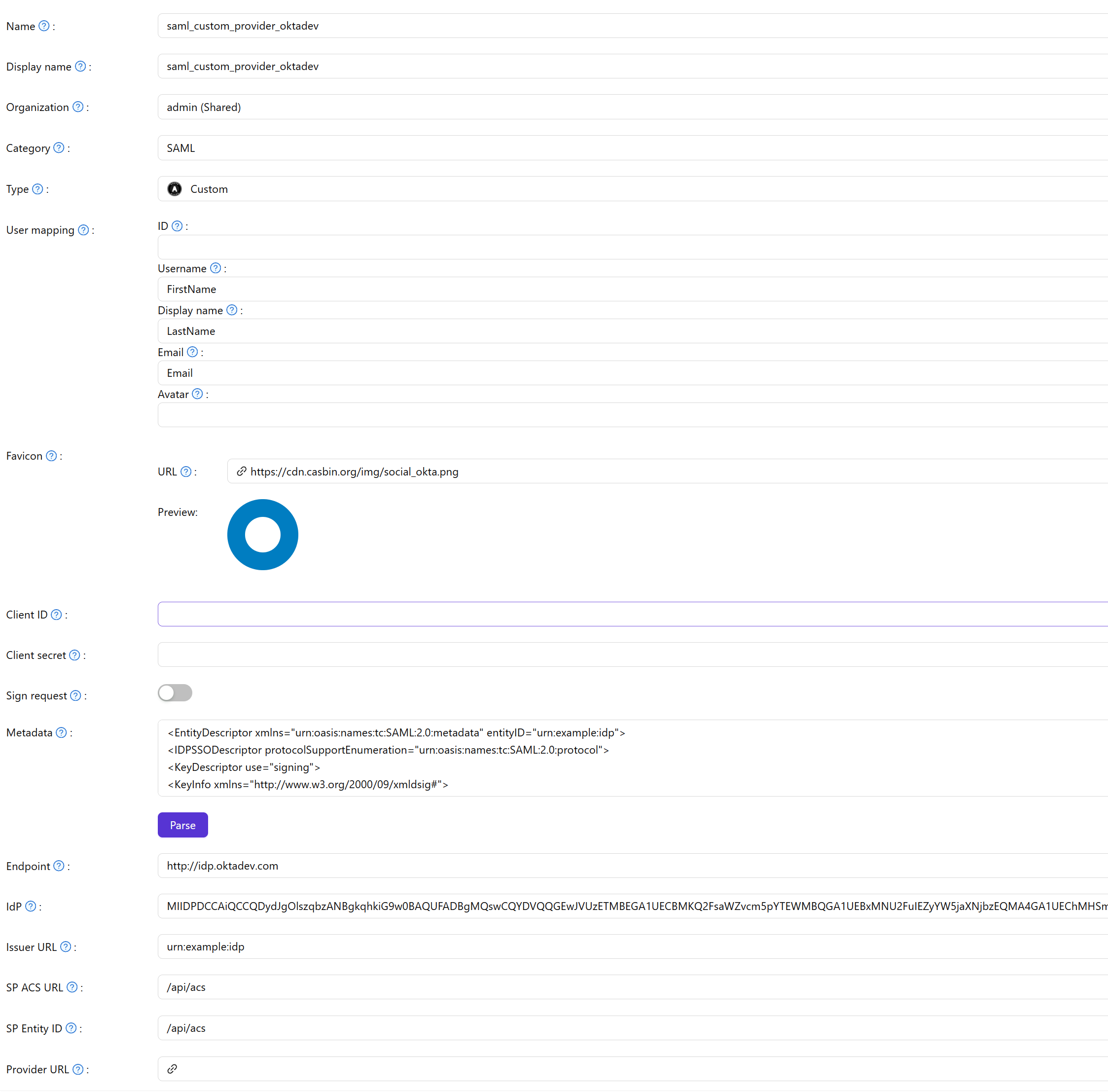 configure saml custom provider